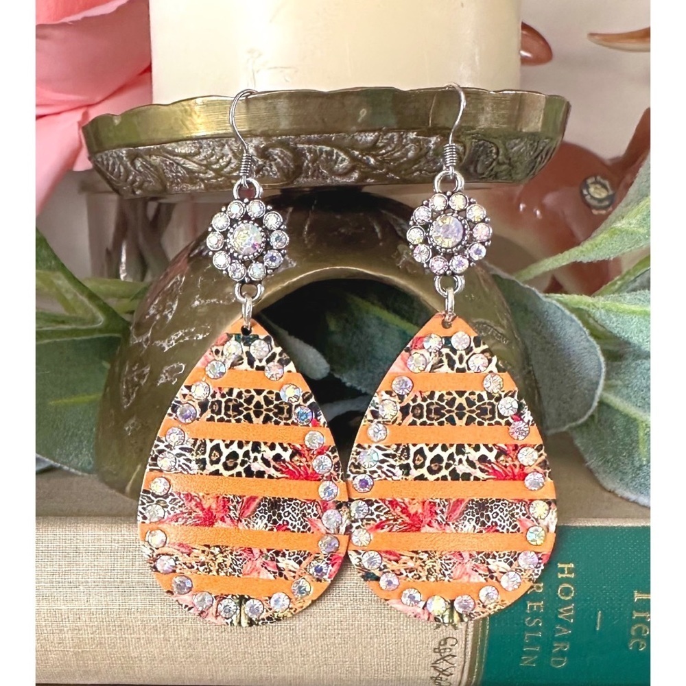 Orange rhinestone teardrop earrings